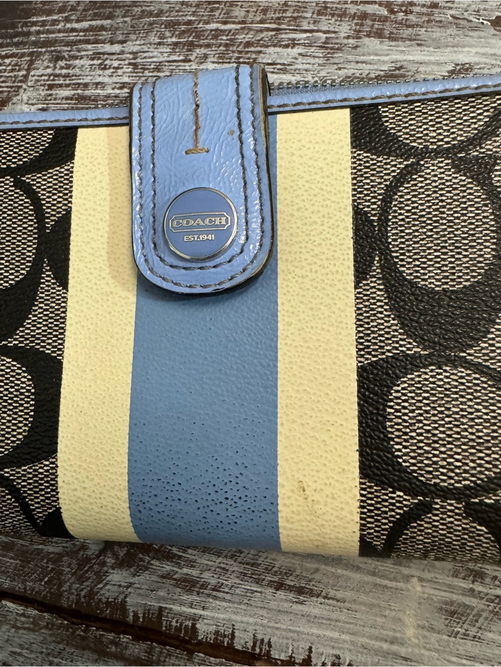 Coach Signature Tote with Blue and Cream Stripe with Wallet & Change Pouch - Picture 10 of 16